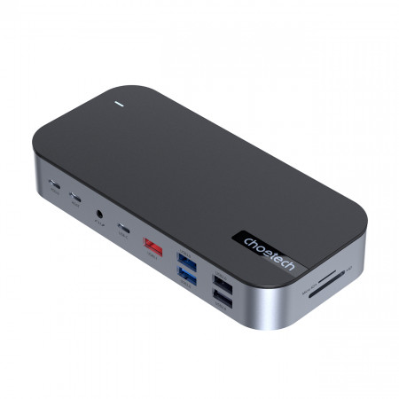 Докинг станция CHOETECH M52 USB Type C към USB Type C Power Delivery / USB Type C / USB Type A / HDMI / VGA / четец за SD и Micro SD карти / RJ45 / мини жак 3.5mm сива