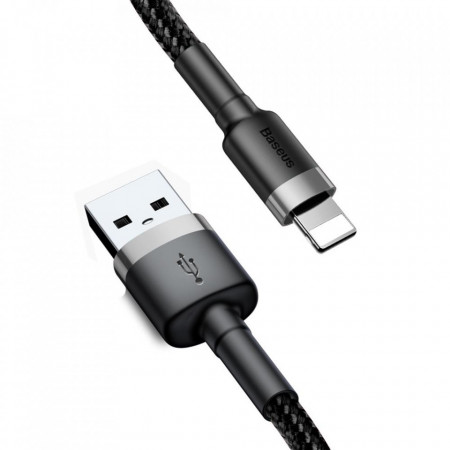Кабел за зареждане и данни с оплетка BASEUS Cafule USB Type A към Lightning Quick Charge 3.0 1.5A 2m (CALKLF-CG1) черен / сив