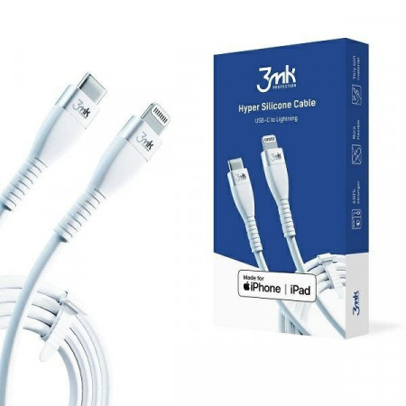 Кабел за зареждане и данни 3MK HyperSilicone USB Type C към Lightning MFi 20W 3A 1m бял