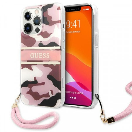Оригинален гръб GUESS Camo GUHCP13LKCABPI с връзка - iPhone 13 Pro розов