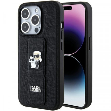 Оригинален гръб KARL LAGERFELD Gripstand Saffiano Karl & Choupette Pins - iPhone 15 Pro Max черен