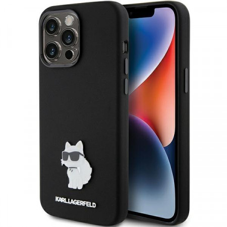 Оригинален гръб KARL LAGERFELD Silicone Choupette Metal Pin - iPhone 15 Pro Max черен