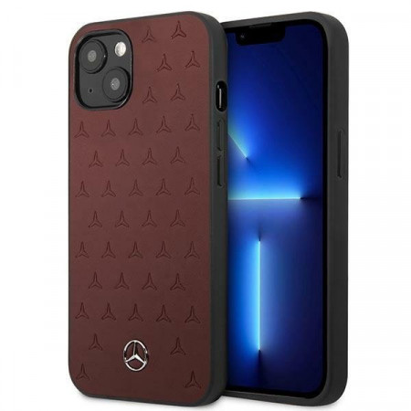 Оригинален твърд гръб с естествена кожа MERCEDES Stars MEHCP13MPSQRE - iPhone 13 червен
