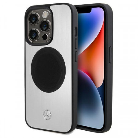 Оригинален твърд гръб MERCEDES Leather & Alu MagSafe - iPhone 15 Pro сребрист