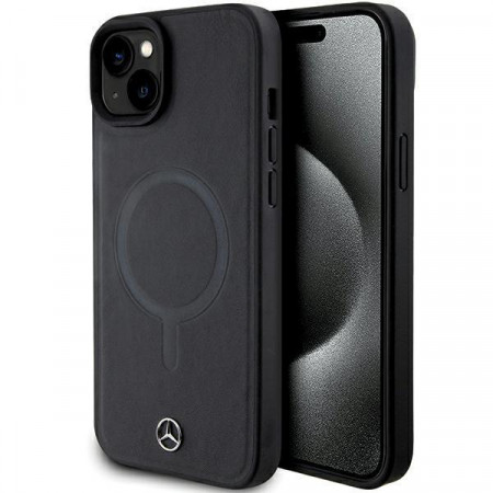 Оригинален твърд гръб MERCEDES Smooth Leather MagSafe - iPhone 15 Plus черен