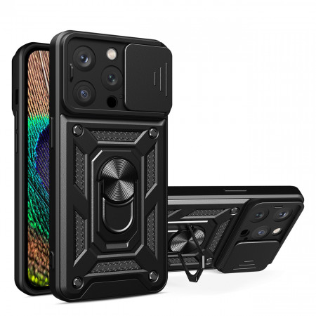 Подсилен гръб Hybrid Armor Camshield с подвижно покритие за камерата и стойка - iPhone 14 Pro черен