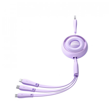 Прибиращ се кабел за зареждане и данни JOYROOM Colorful S-A40 3in1 USB Type A към USB Type C / Lightning / micro USB 1m лилав