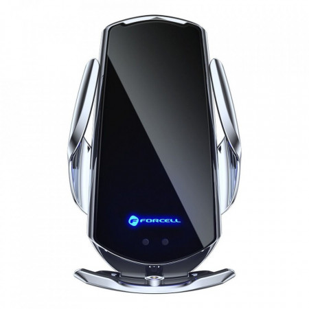 Автоматична стойка за телефон за вентилационен отвор или за предно стъкло с безжично зарядно Qi FORCELL HS1 15W сребърна
