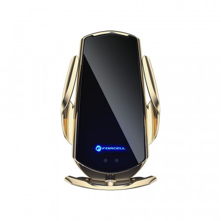 Автоматична стойка за телефон за вентилационен отвор или за предно стъкло с безжично зарядно Qi FORCELL HS1 15W златна