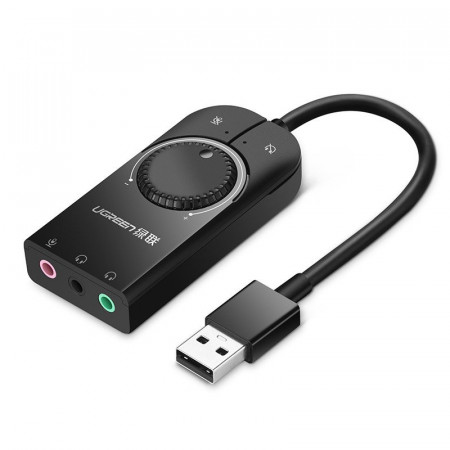 Аудио разклонител Ugreen с външна звукова карта 3x мини жак 3.5mm към USB Type A с контрол на силата на звука 15cm (40964) черен