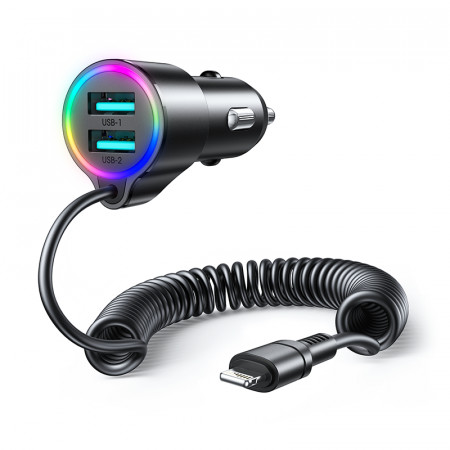 Зарядно за кола JOYROOM 3в1 17W 2x USB Type A + кабел Lightning 1.5m (JR-CL25) черно