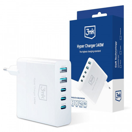 Зарядно за стена 3MK Hyper GaN Charger 140W 2x USB Type A / 3x USB Type C PD QC бяло