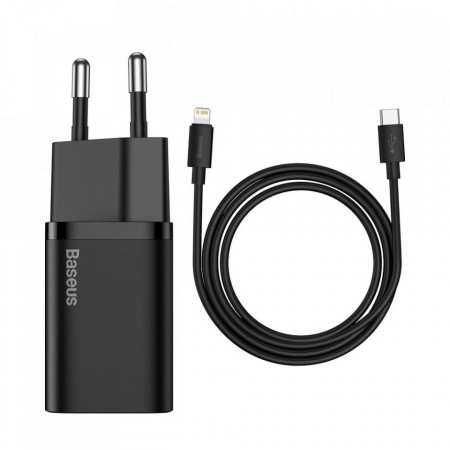 Зарядно за стена BASEUS Super Si 1C 20W USB Type C PD + кабел USB Type C към Lightning 1m (TZCCSUP-B01) черно