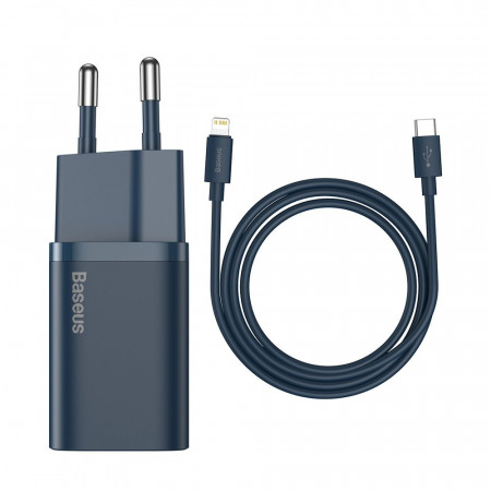 Зарядно за стена BASEUS Super Si 1C 20W USB Type C PD + кабел USB Type C към Lightning кабел 1m (TZCCSUP-B03) синьо