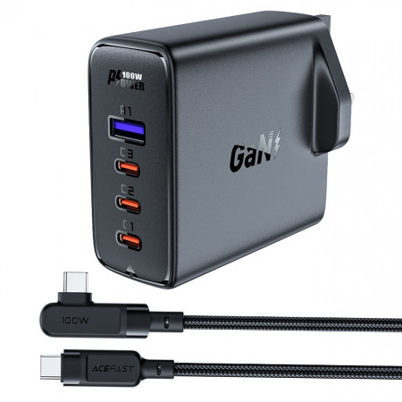 Зарядно за стена (UK стандарт) ACEFAST GaN 100W USB Type A / 3x USB Type C PD черно