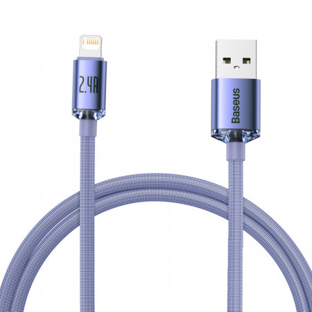 Кабел за зареждане и данни BASEUS Crystal Shine USB Type A към Lightning с бързо зареждане 2.4A 1.2m лилав (CAJY000005)