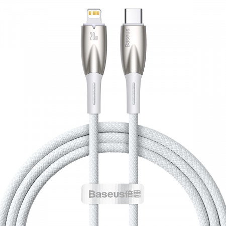 Кабел за зареждане и данни BASEUS Glimmer USB Type C към Lightning с бързо зареждане 480Mb/s Power Delivery 20W 1m бял