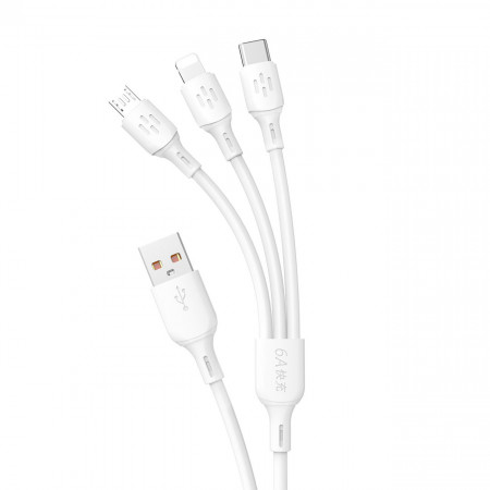 Кабел за зареждане и данни DUDAO USB Type A към USB Type C / micro USB / Lightning 480Mb/s 6A 1.2m бял