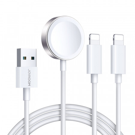 Кабел за зареждане и данни JOYROOM 3in1 USB Type A към 2x Lightning / безжично зарядно S-IW007 1.2m бял