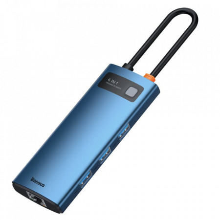 Мултифункционален хъб BASEUS Metal Gleam 6в1 USB Type C PD 100W / HDMI 4K 30Hz / 3x USB 3.2 Gen 1 / Ethernet RJ-45 1Gbps към USB Type C (WKWG000003) син