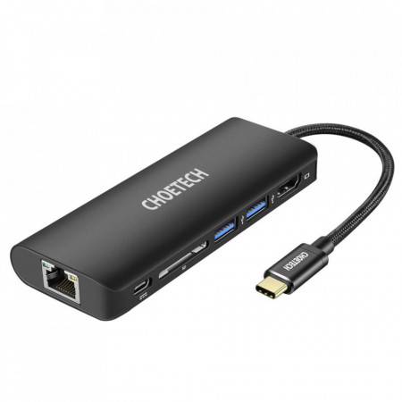 Мултифункционален хъб CHOETECH 6в1 HDMI 1.4 4K UHD 30Hz / Ethernet RJ-45 Max 1Gbps / четец за SD карта / USB Type C 100W PD / 2x USB 3.0 към USB Type C 100W PD (HUB-M05) черен