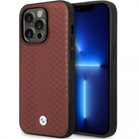 Оригинален гръб BMW Leather Diamond Pattern BMHCP14L22RFGR - iPhone 14 Pro бургундско червен