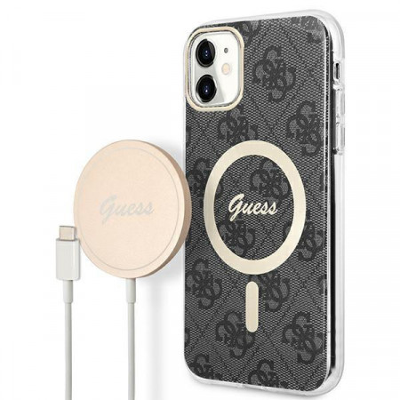 Оригинален комплект GUESS 4G Print (гръб + зарядно) MagSafe GUBPN61H4EACSK - iPhone 11 черен