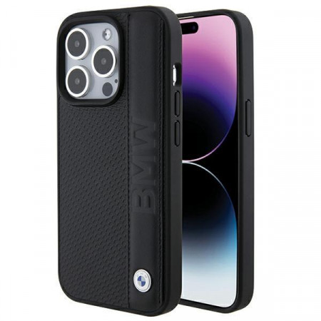Оригинален твърд гръб от еко кожа BMW Leather Textured & Stripe - iPhone 15 Pro черен