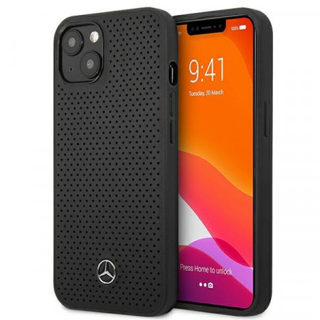 Оригинален твърд гръб с естествена кожа MERCEDES Leather Perforated MEHCP13MDELBK - iPhone 13 черен