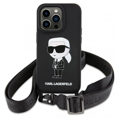 Оригинален твърд гръб с презрамка KARL LAGERFELD Silicone Ikonik KLHCP15SSCBSKNK - iPhone 15 черен