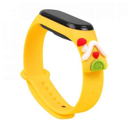 Силиконова каишка за часовник Xmas - Xiaomi Mi Band 5 / Band 6 коледен дизайн (къщичка) жълт