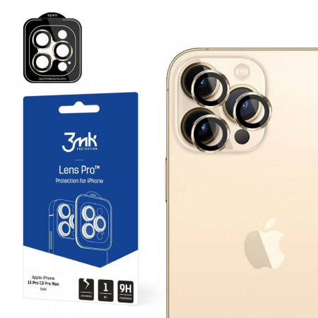 Стъклен протектор за камера с алуминиева рамка и рамка за поставяне 9H 3mk Lens Protection Pro - iPhone 13 Pro Max / 13 Pro златист