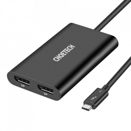 Видео адаптер CHOETECH USB Type C (Thunderbolt 3 40Gbps) към 2x DisplayPort 4K, 60Hz, (HUB-D03) черен