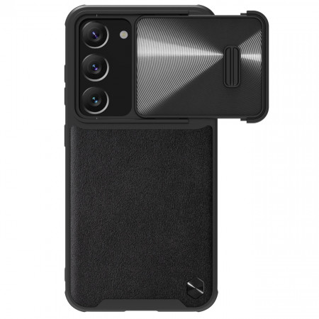 Гръб от естествена кожа с подвижно покритие за камерата NILLKIN CamShield Leather S - Samsung Galaxy S23+ черен