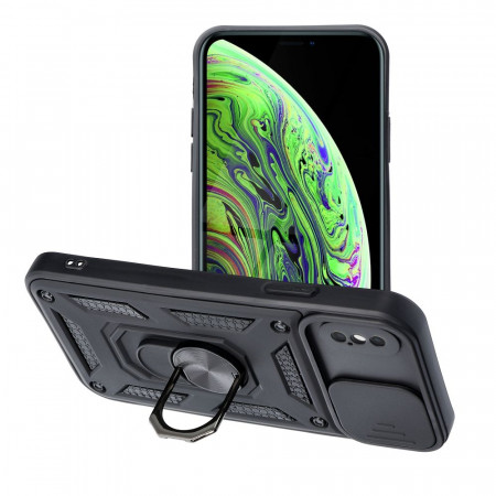 Гръб със стойка и подвижно покритие за камерата Slide Armor - iPhone X / XS черен