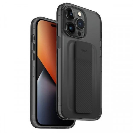 Гръб с лентов държач и каишка UNIQ Heldro с антимикробно покритие - iPhone 14 Pro Max черен дим