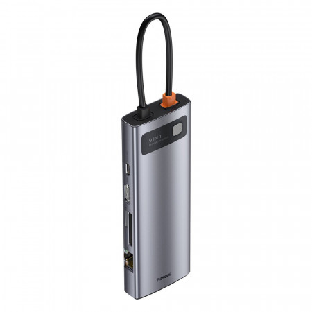 Докинг станция BASEUS Metal Gleam 9в1 USB Type C към 3x USB Type A 3.2 Gen.1 5Gbps / USB Type C Power Delivery 100W / VGA Full HD 60Hz / HDMI 4K 30Hz / четец за SD и Micro SD карти / RJ45 1Gbps (CAHUB-CU0G) сива