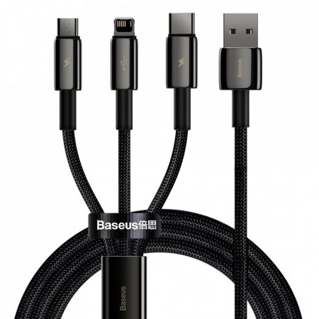 Кабел за зареждане и данни BASEUS Tungsten 3в1 USB Type A към Lightning / USB Type C / Micro USB 3.5A 1.5m (CAMLTWJ-01) черен