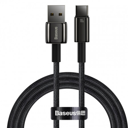 Кабел за зареждане и данни BASEUS Tungsten Gold USB Type A към USB Type C 480Mb/s 100W 1m черен (CAWJ000001)