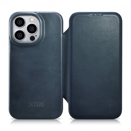 Калъф тип книга от естествена кожа iCARER CE Oil Wax Premium MagSafe - iPhone 14 Pro син