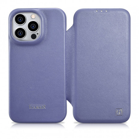 Калъф тип книга от естествена кожа iCARER CE Oil Wax Premium MagSafe - iPhone 14 Pro светлолилав