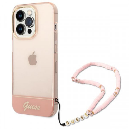 Оригинален гръб с гривна GUESS Translucent Pearl Strap GUHCP14XHGCOHP - iPhone 14 Pro Max розов