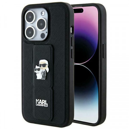 Оригинален гръб KARL LAGERFELD Gripstand Saffiano Karl & Choupette Pins - iPhone 14 Pro черен
