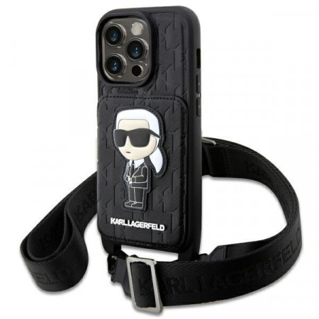 Оригинален твърд гръб с презрамка KARL LAGERFELD Saffiano Monogram Ikonik KLHCP14LCSAKHPKK - iPhone 14 Pro черен