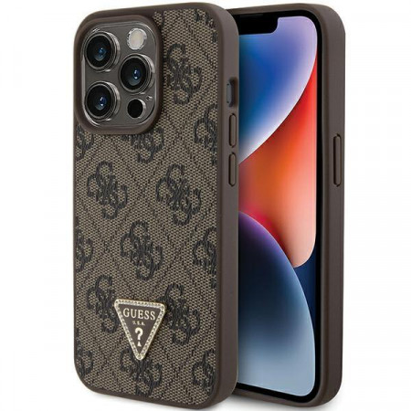 Оригинален твърд гръб GUESS Leather 4G Triangle Strass GUHCP15LP4TDPW - iPhone 15 Pro кафяв