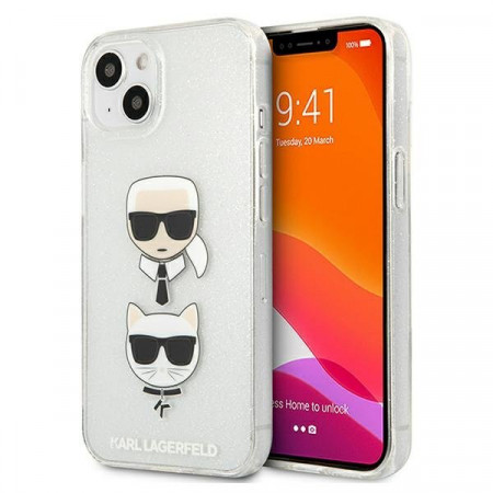 Оригинален твърд гръб KARL LAGERFELD Glitter Karl's & Choupette KLHCP13SKCTUGLS - iPhone 13 mini сребрист