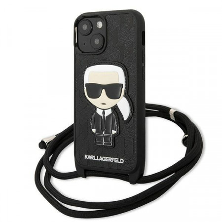 Оригинален твърд гръб KARL LAGERFELD Leather Monogram Patch and Cord Iconik KLHCP13SCMNIPK - iPhone 13 mini черен