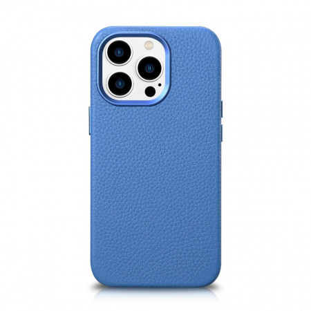 Гръб от естествена кожа iCARER Litchi Premium MagSafe - iPhone 14 Pro светлосин