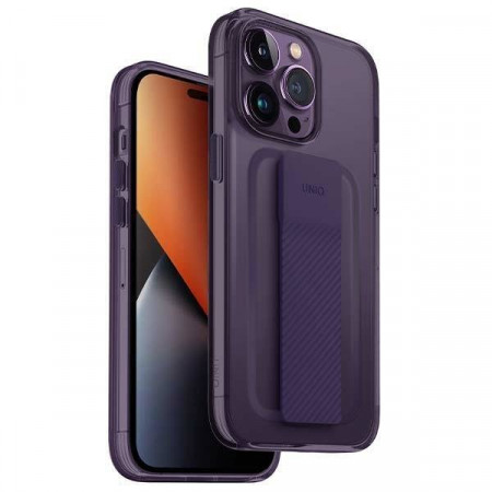 Гръб с лентов държач и каишка UNIQ Heldro с антимикробно покритие - iPhone 14 Pro Max лилава смокиня