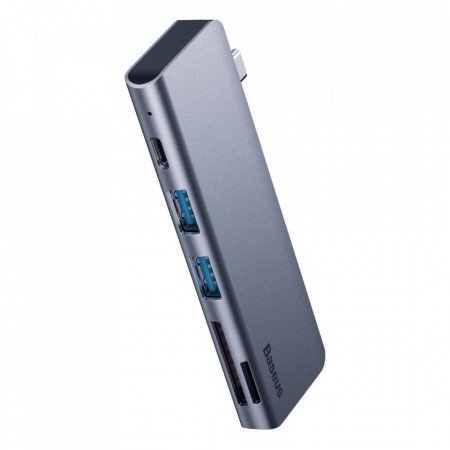 Докинг станция BASEUS Harmonica 5в1 2x USB 3.0 / четец за SD и micro SD карти / USB Type C PD към USB Type C (CAHUB-K0G) сива